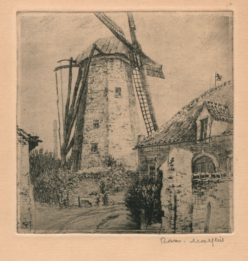 Belgische etser Romain Malfliet met een ets van een molen