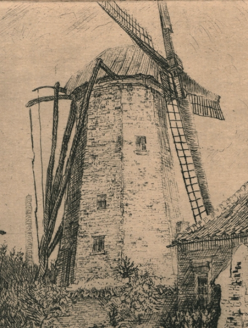 Romain Malfliet met een ets, Molen van St-Niklaas