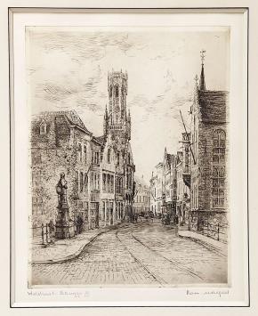 Belgische etser R. Malfliet met een ets van Brugge