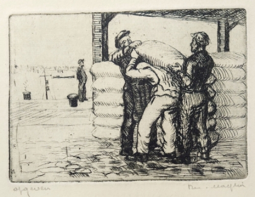 Belgische etser R. Malfliet met een ets van een tafereel aan de haven