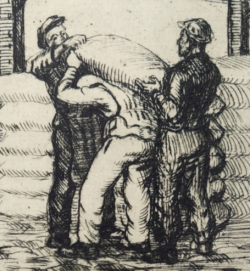 Romain Malfliet met een ets van havenarbeiders