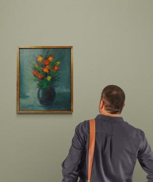Bloemenstilleven, blauwe vaas met geel-rode bloemen