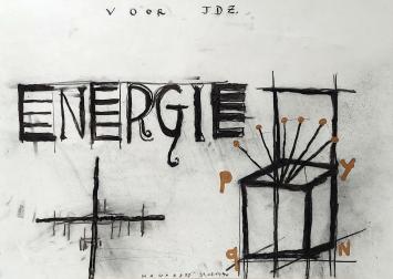 De hedendaagse kunstenaar Werner Mannaers met een groot kunstwerk