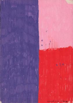 Kleuren 14 Juil 2000, Werner Mannaers, abstract composition in red, purple and pink, mixed media on paper, 2000.