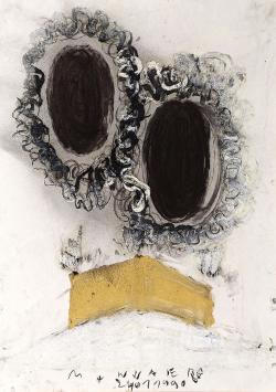 De hedendaagse kunstenaar Werner Mannaers met een groot kunstwerk