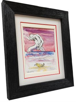 Opgehoogde tekening, wandelend in het water met de vogel