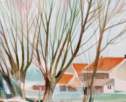 Aquarel: de woning in een strak landschap 1989