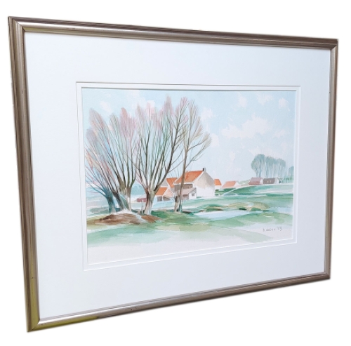Aquarel: de woning in een strak landschap 1989