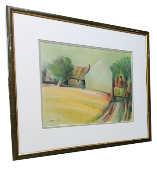 Aquarel: Gestileerde boerderij met paard en kar 1984