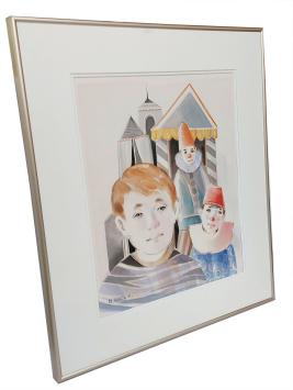Aquarel: Kindje met twee clowns