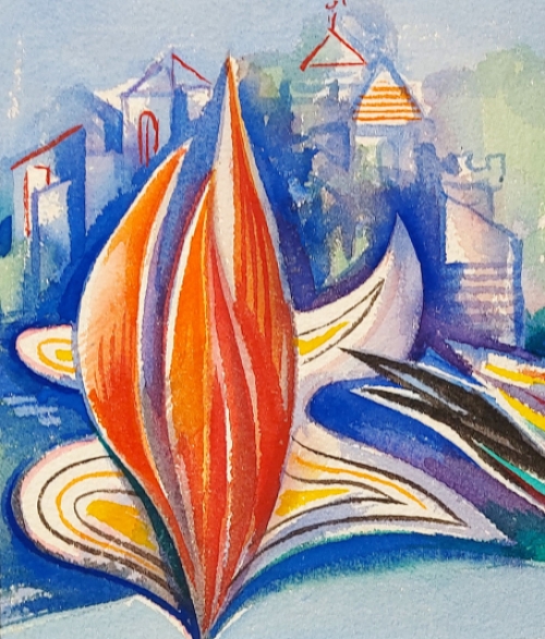 Aquarel: de bloem, de stad, de vogel en mensen