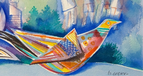 Aquarel: de bloem, de stad, de vogel en mensen