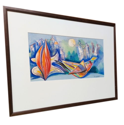 Aquarel: de bloem, de stad, de vogel en mensen