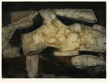 Marcel Fiorini met een gravure