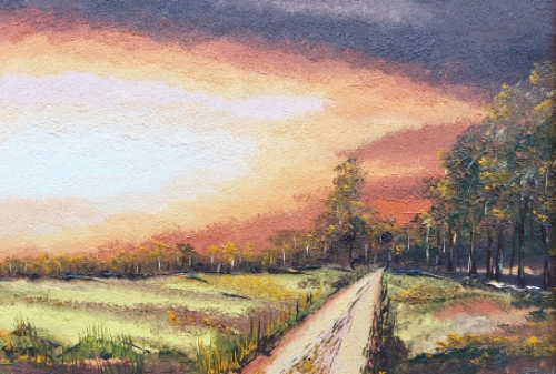 Marcel Ringelé met een schilderij van een landschap