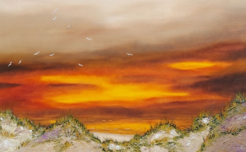 Marcel Ringelé met een schilderij van een landschap