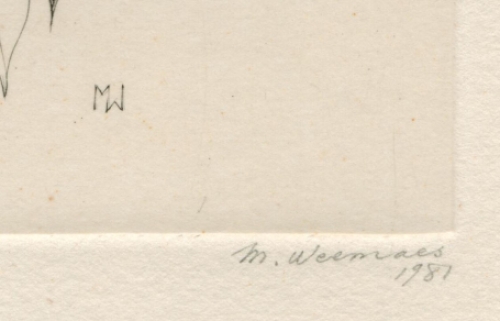 Margot Weemaes met een gravure, épreuve d\'artiste