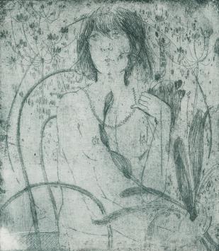 Maria Marques met een ets