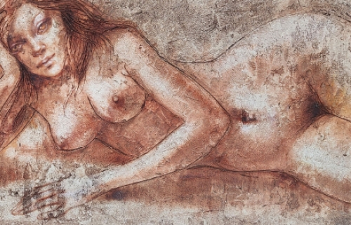 Naakt liggende dame op gips geschilderd