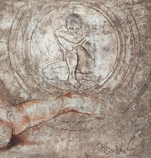 Naakt liggende dame op gips geschilderd