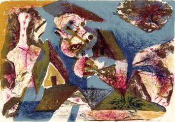 Martin Engelman met een kunstwerk uit 1973