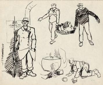 Tekening van Frans Masereel, soldaten aan het werk