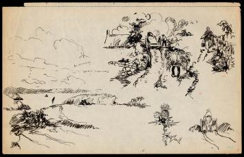 Schetsblad “Schetsen 177 (1911–1918)” van Frans Masereel met diverse penstudies en verzamelstempel.