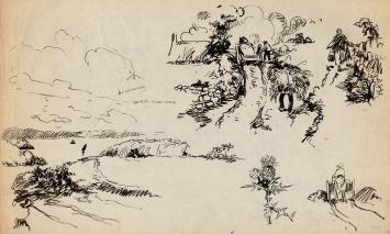 Sketch sheet “Schetsen 177 (1911–1918)” by Frans Masereel with multiple pen studies and collector’s stamp.