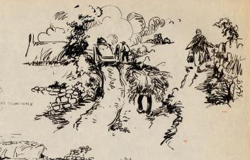 Feuille de croquis “Schetsen 177 (1911–1918)” de Frans Masereel avec plusieurs études à la plume et tampon de collection.