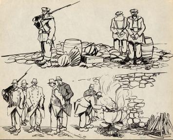 Tekeningen van Frans Masereel, soldaten aan het werk