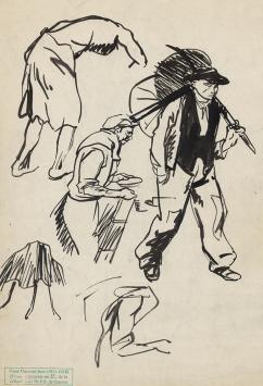Frans Masereel – tekening van werkende figuren met hooivork en parasol, verso