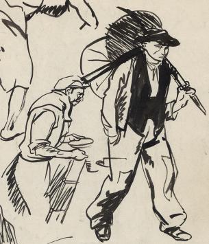 Frans Masereel – sketch of working figures with pitchfork and umbrella, verso