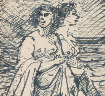Studieschets van F. Masereel, twee naakte vrouwen op wandel