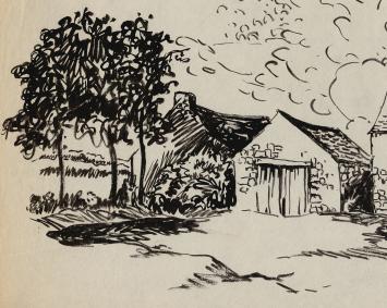Tekening, boerderijtje van Frans Masereel uit zijn schetsboek
