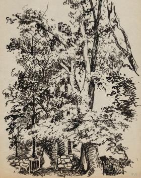 Tekening, bomen aan poortje van Frans Masereel uit zijn schetsboek