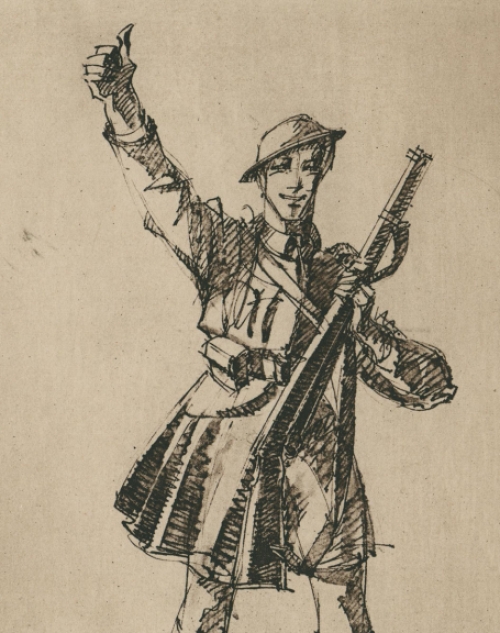 Armand Massonet met een ets een soldaat