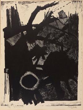 Maurice Haccuria met een abstracte litho