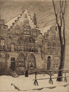 Maurice-Emile Blieck met een ets van traphuizen in Yper