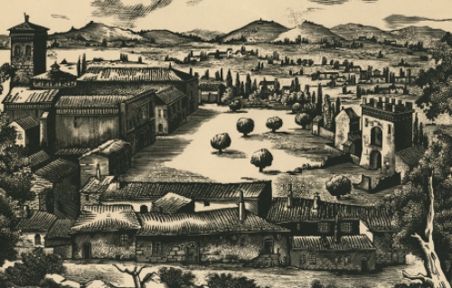 Maurice Brocas met een grote houtsnede