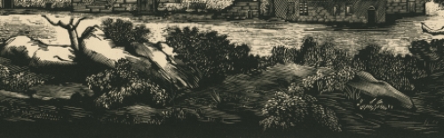 Kunstenaar Maurice Brocas met een woodcut