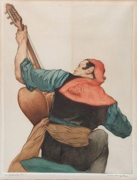 M. Langaskens met een grote gekleurde ets