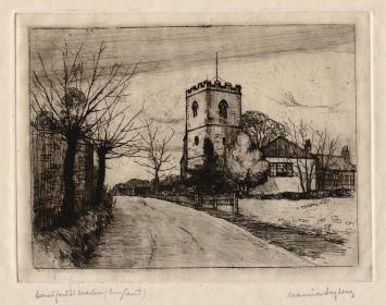 Maurice Seghers met een ets van de Sandford Martin parochiekerk