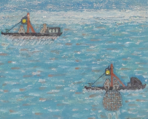 Naïef schilderij: Bootjes op het water