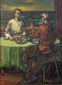 Broeder Max, Victor Van Meerbeeck met een groot religieus schilderij