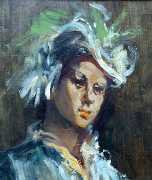 De Belgische kunstenares Marthe De Spiegeleir met een portret