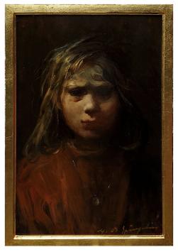 Portrait d’une jeune fille aux cheveux longs avec collier, dans des tons bruns et sombres, huile sur panneau, Marthe De Spieg