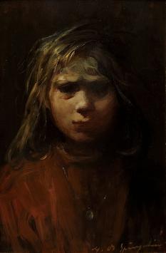 Portret van jong meisje met lange haren en halsketting, in bruine en donkere tinten, olieverf op paneel, Marthe De Spiegeleir