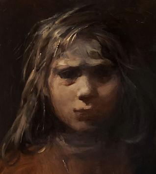 Portrait of a young girl with long hair and necklace, painted in dark brown and red tones, oil on board by Marthe De Spiegele