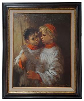 Twee koorknapen, Marthe De Spiegeleir, olie op doek, 20e eeuw, twee jongens in koorgewaden.