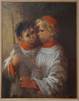 Two choir boys, Marthe De Spiegeleir, oil on canvas, 20th century, two boys in choir robes.